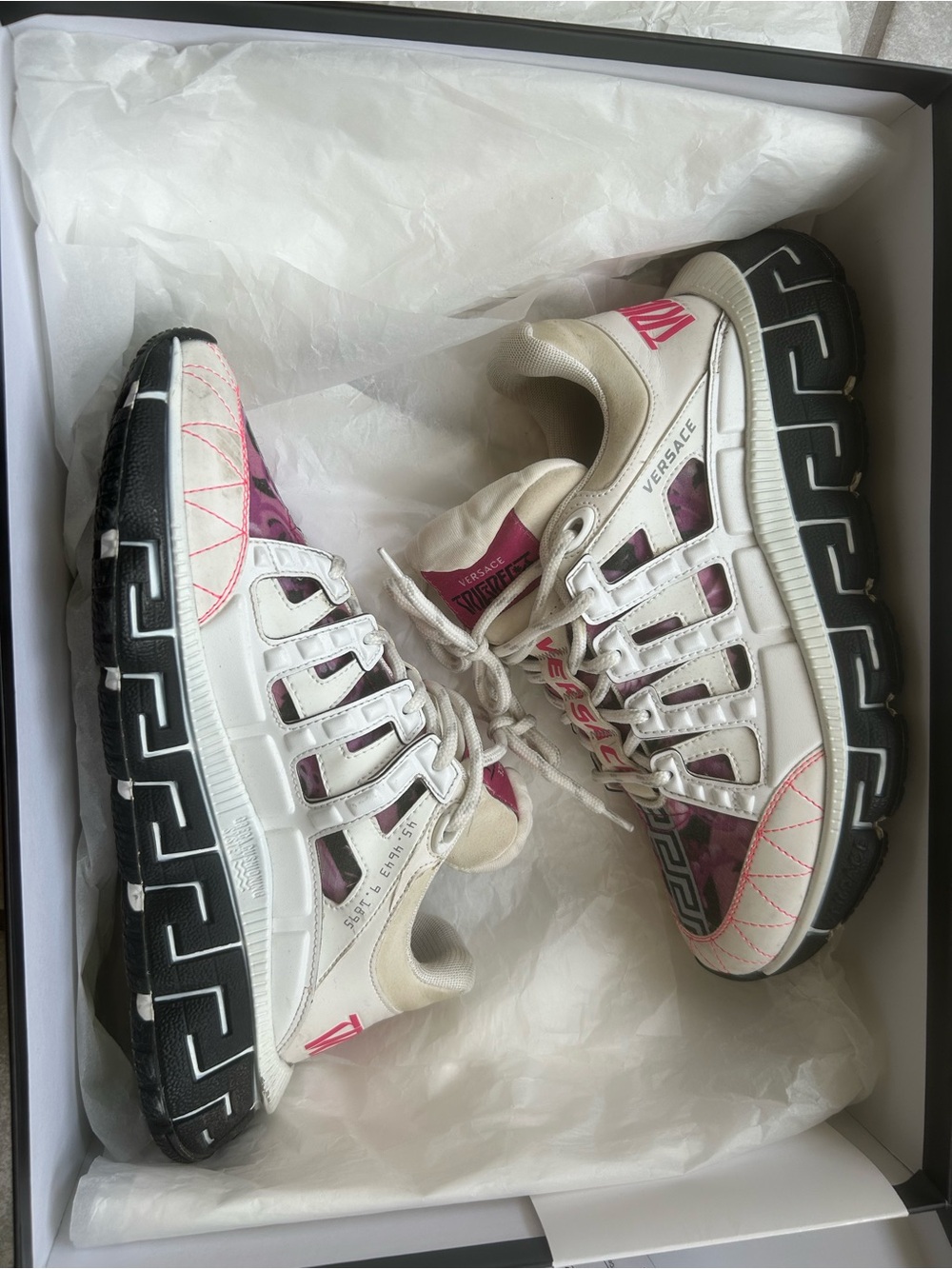 Versace White & Pink Low-Top Chain Reaction Style Sneakers